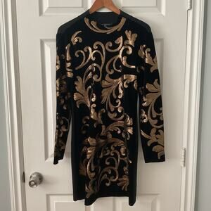 INC International Concepts Dress Size M Sequin Sweater Black Gold Mini